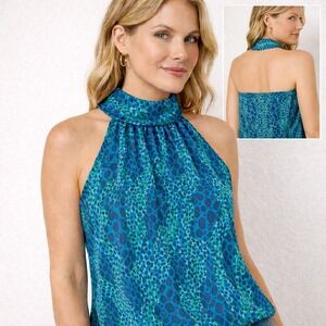 Tucker for Target Halter Top Blue Green Animal Print Open Back Blouse Size XL